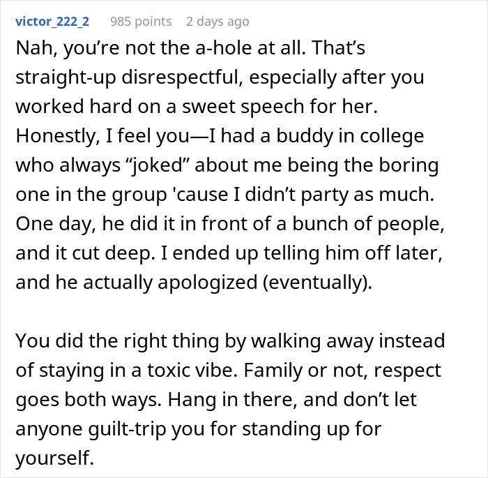Comment supporting walking away after a bride's speech causes conflict at a wedding. Comment supporting walking away after a bride's speech causes conflict at a wedding.