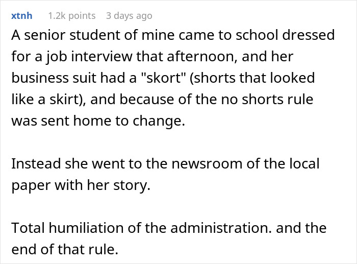 Text highlighting dress code loophole leading to administrative change and inspired school compliance. Text highlighting dress code loophole leading to administrative change and inspired school compliance.