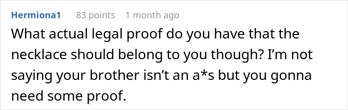 Comment discussing proof for necklace ownership amid family feud over heirloom.