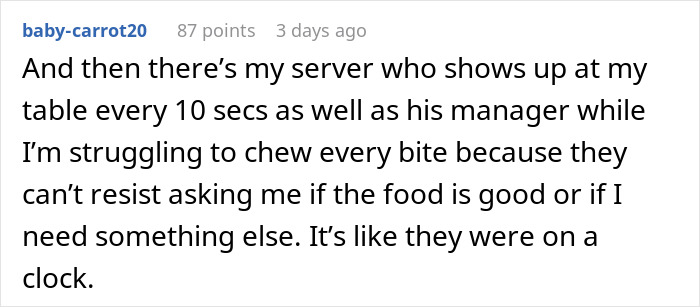 Text screenshot discussing server attentiveness while dining.