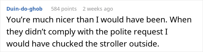 Comment about reporting neighbors over blocked door by stroller.