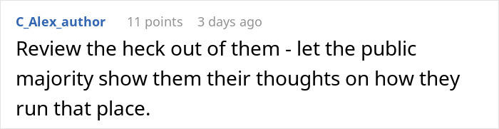 Customer comment urging public reviews for restaurant service feedback. Customer comment urging public reviews for restaurant service feedback.