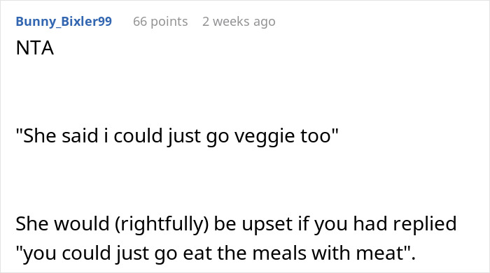 Reddit comment debating a vegetarian wife's upset reaction over meat-free meal prep. Reddit comment debating a vegetarian wife's upset reaction over meat-free meal prep.