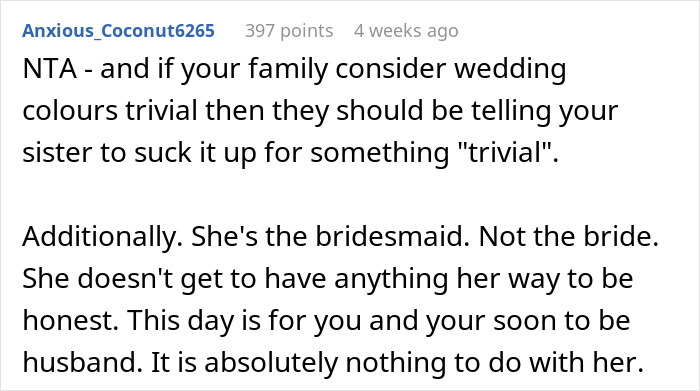 Reddit comment on wedding drama discussing bridesmaid's color scheme demands. Reddit comment on wedding drama discussing bridesmaid's color scheme demands.