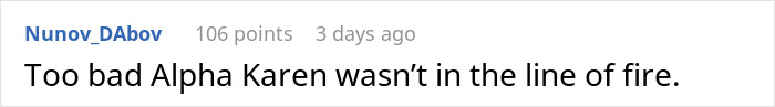 Comment referencing "Alpha Karen" related to a work meeting incident. Comment referencing "Alpha Karen" related to a work meeting incident.