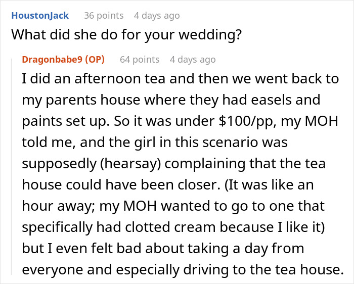 Text exchange discussing bachelorette mini-vacation drama with complaints about the distance to the tea house.