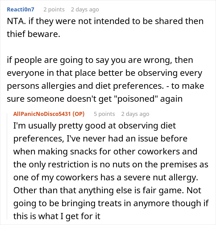Discussion about vegetarian food thief blaming coworker for allergy issues in a workplace setting.
