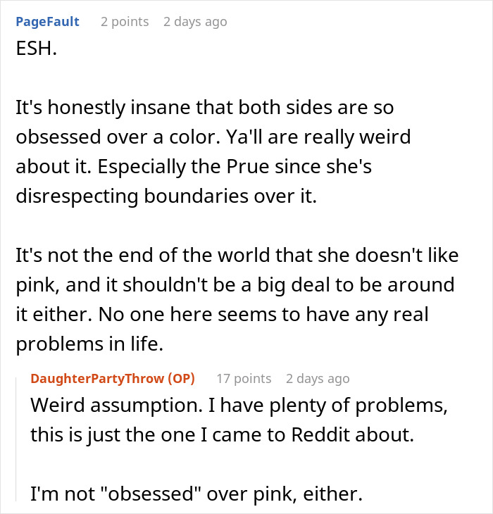 Reddit responses discuss a woman's pink-themed party plan flop for a child who dislikes pink.