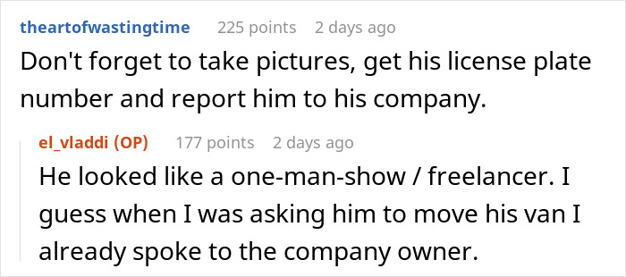 Text exchange discussing a van parked on a black driveway and considered for reporting to the owner's company.