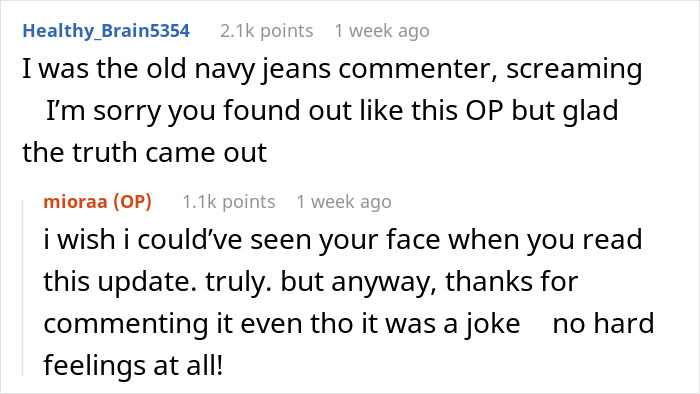 Comment thread about an online joke regarding stains in a woman's home related to a mistress, with a humorous exchange.