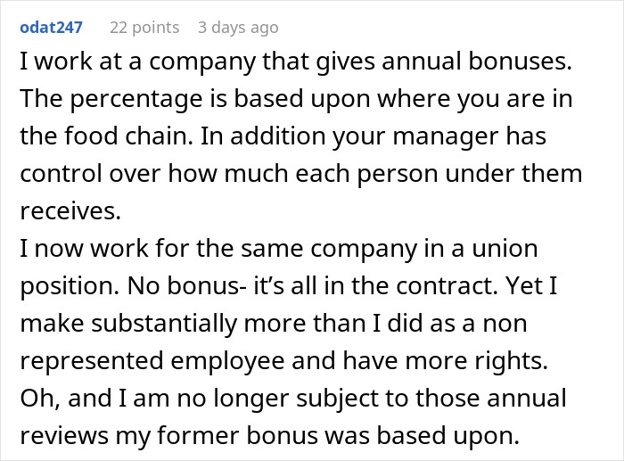Text discussing company bonus policies and union job benefits, highlighting employee-manager dynamics and compensation. Text discussing company bonus policies and union job benefits, highlighting employee-manager dynamics and compensation.