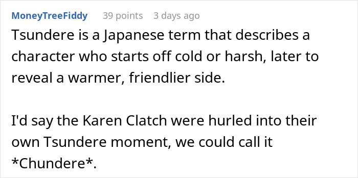 Text discussing the term "tsundere" and its humorous application to a group called "Karen Clatch. Text discussing the term "tsundere" and its humorous application to a group called "Karen Clatch.