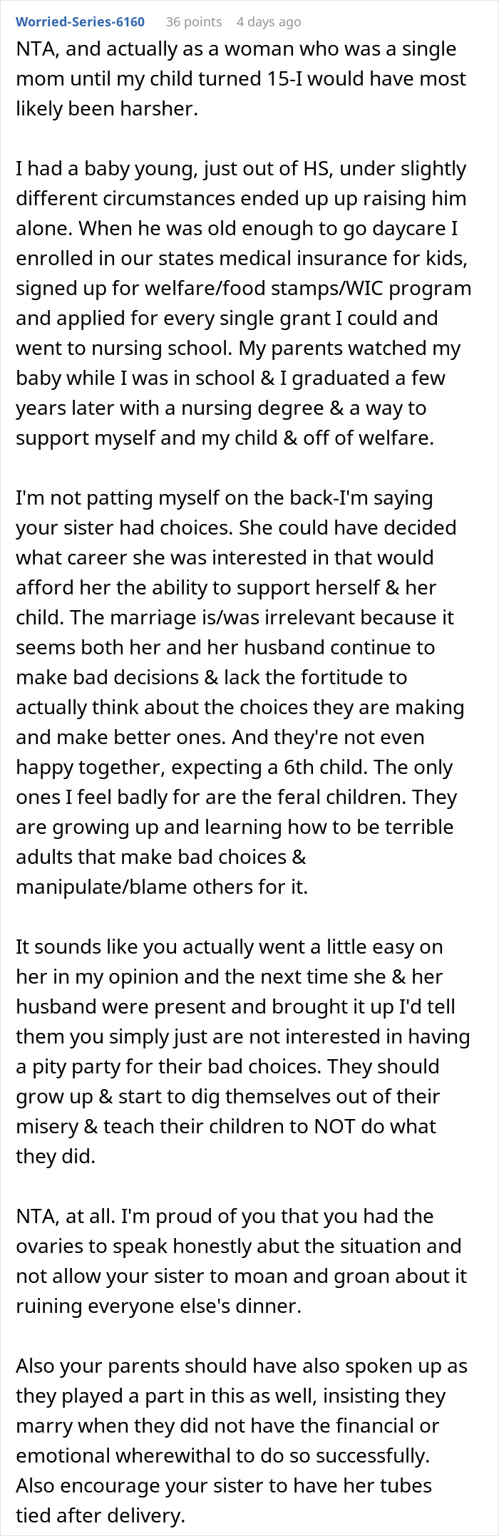 Text discussion about woman criticizing sister's choices and motherhood challenges.