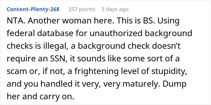 Comment discussing legality of using Social Security Number for unauthorized background checks. Comment discussing legality of using Social Security Number for unauthorized background checks.