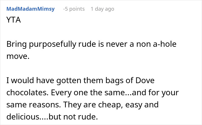 Comment discussing relationship conflict, mentioning chocolates as a non-rude gift alternative.