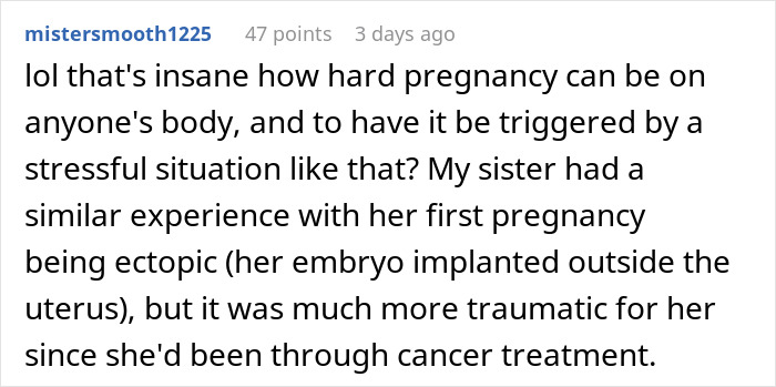 Reddit user comment discussing traumatic pregnancy experiences and ectopic pregnancy. Reddit user comment discussing traumatic pregnancy experiences and ectopic pregnancy.
