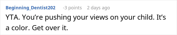 Comment critical of a pink-themed party for a child, reads, "YTA. You&rsquo;re pushing your views on your child.