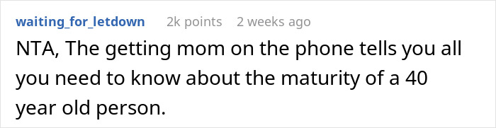 Reddit comment criticizing maturity in a discussion about a neighbor's blocked door.