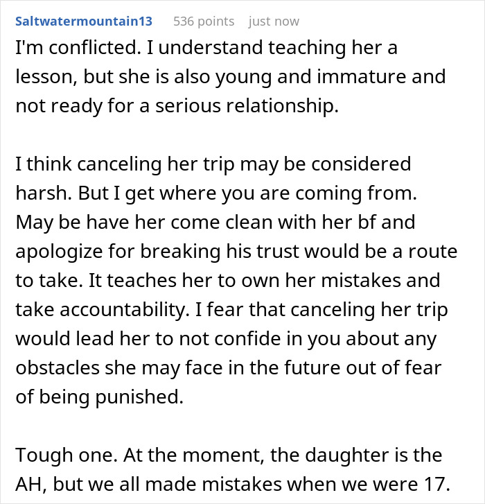 Text discussing a daughter's senior trip and her relationship with her boyfriend.