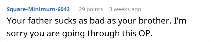 Comment on family feud involving a brother and father, expressing sympathy to the original poster.