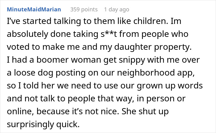 Text post about a boomer woman getting upset over a neighborhood app issue, with a firm response to her behavior.