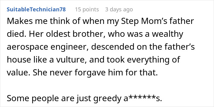 Text exchange about family heirlooms and greed after a relative's death. Text exchange about family heirlooms and greed after a relative's death.