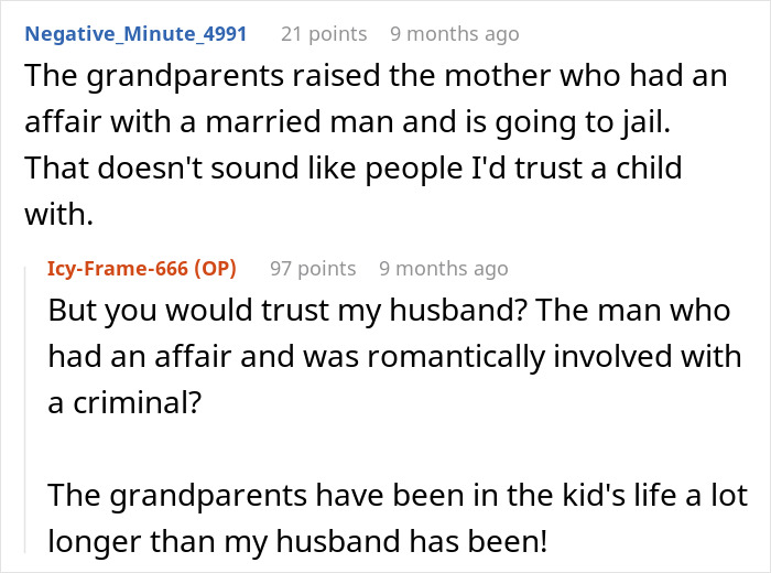 Reddit exchange discussing custody of affair child after baby's mother is jailed.