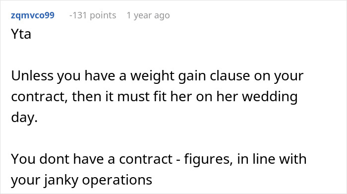 Comment discussing bridal shop contract issues and family feud over wedding dress.