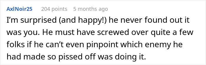 Reddit comment discussing a clever revenge plan over non-payment, highlighting the unsuspecting nature of the target.