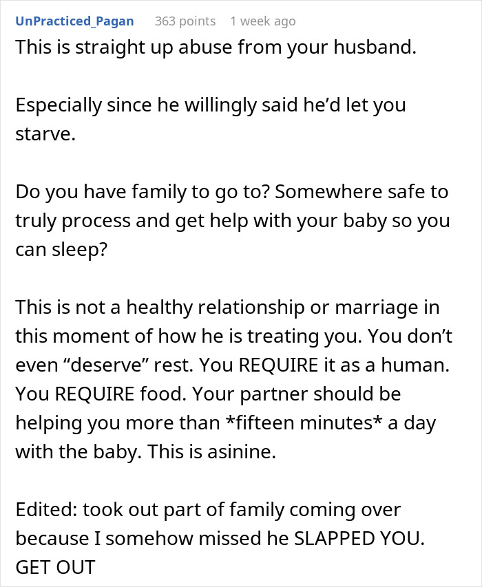 Text discussing abuse and support for a new mom overwhelmed by her husband's behavior.