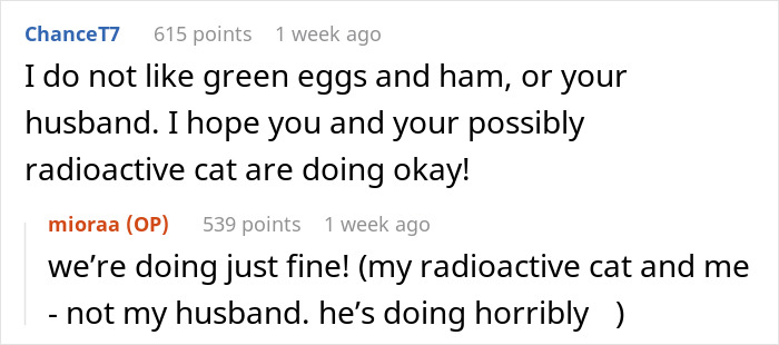 Humorous online exchange about radioactive cat and possibly unwell husband.