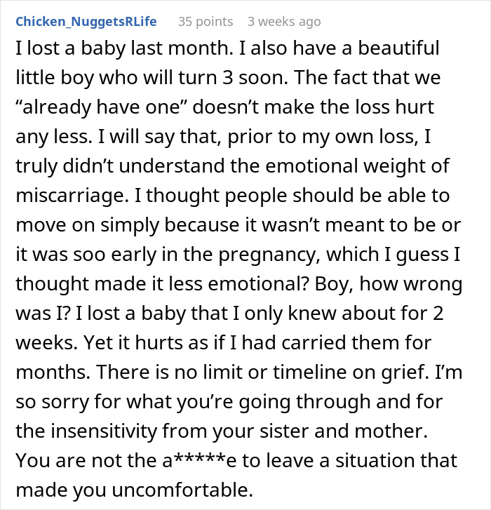 Text discussing emotional weight of miscarriage and insensitivity from sister. Text discussing emotional weight of miscarriage and insensitivity from sister.