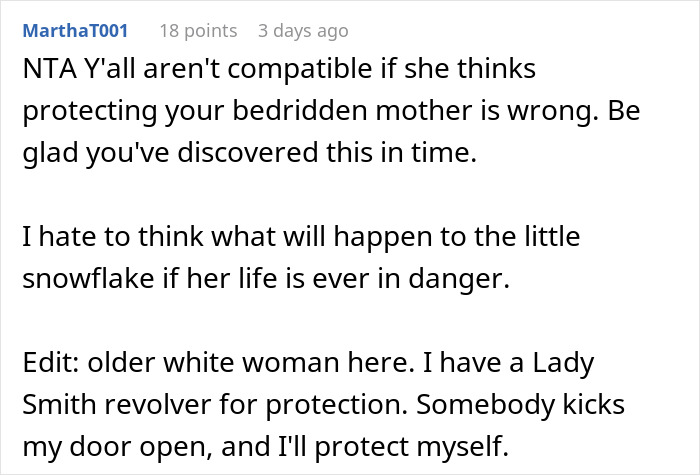 Comment discussing defending intruders with a gun for protection, mentioning an older woman's perspective on safety.