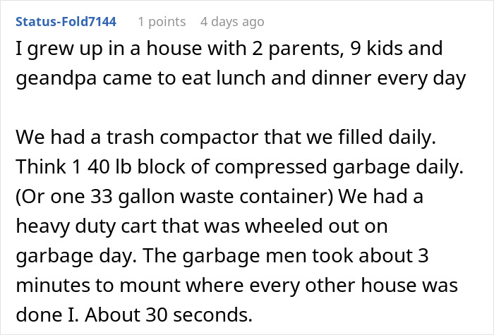 Text about family garbage routines and collection challenges related to managers not paying overtime. Text about family garbage routines and collection challenges related to managers not paying overtime.