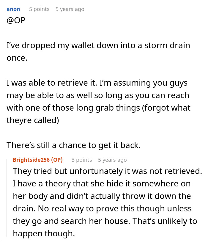 Online comment thread discussing retrieving lost items; mentions a "mother-family-heirloom-ring. Online comment thread discussing retrieving lost items; mentions a "mother-family-heirloom-ring.