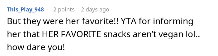 Comment discussing vegetarian food thief upset over non-vegan snacks.