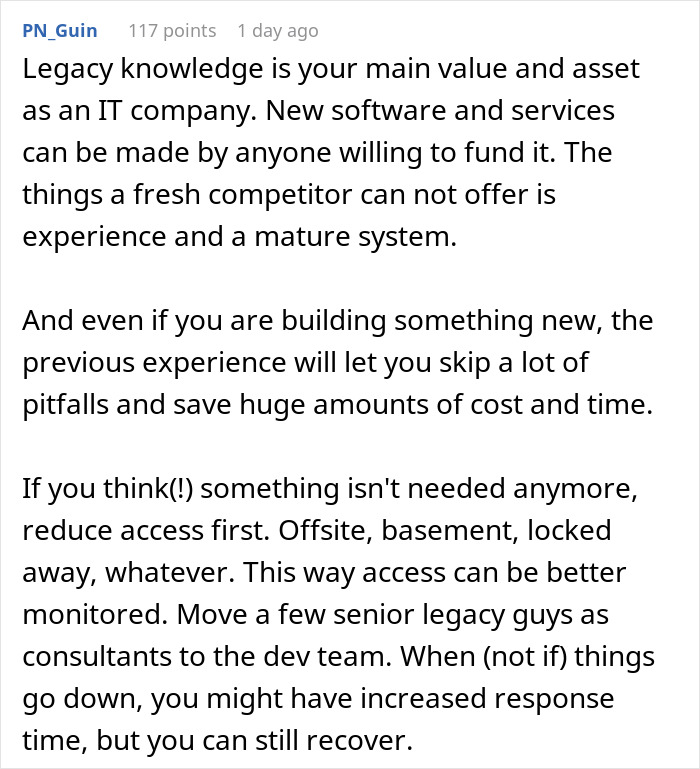 Text about management overlooking the value of legacy knowledge, causing issues in an IT company.