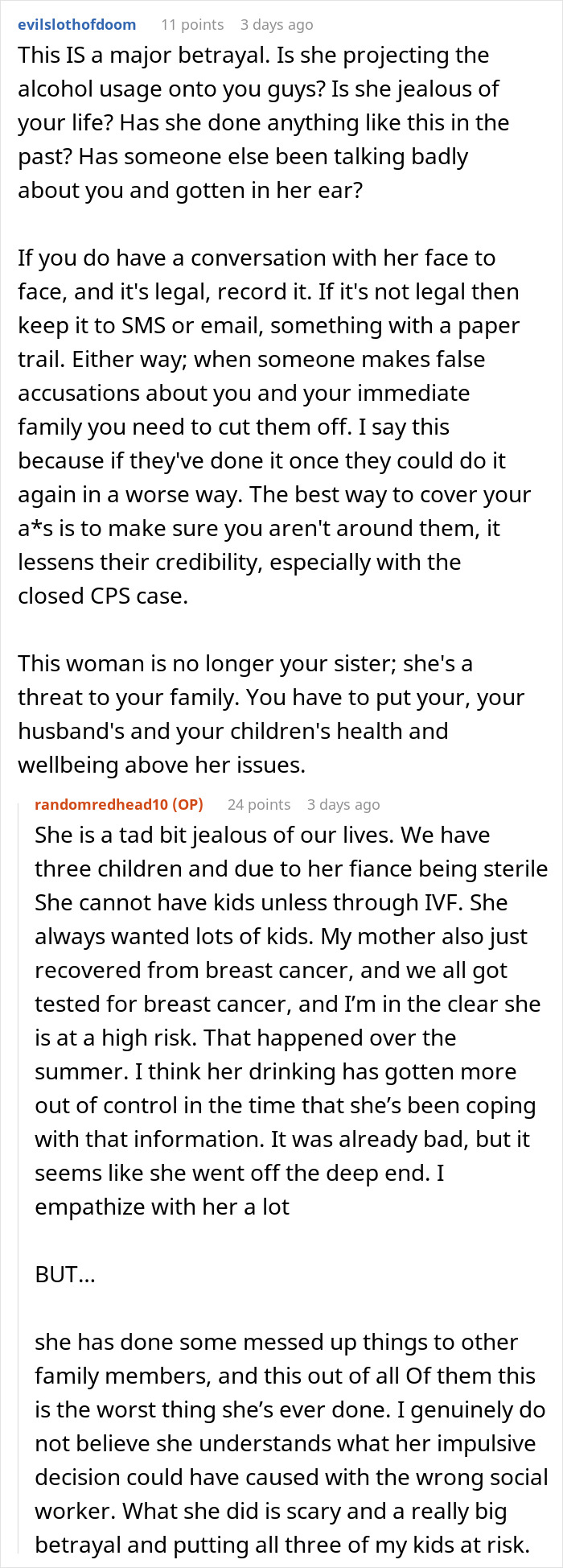 Text discussing a major betrayal and family conflict after a woman secretly called CPS.
