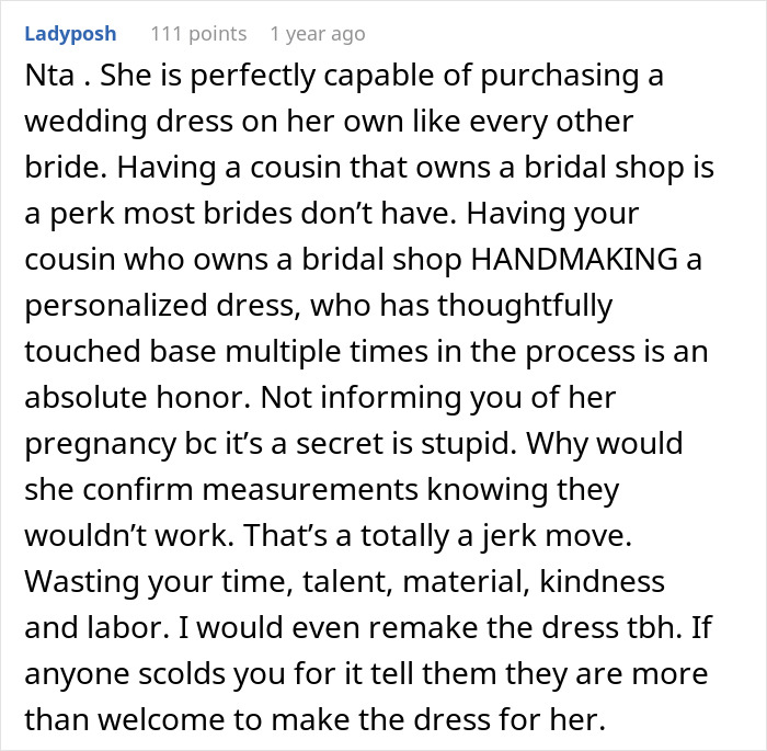 Text discussing bridal shop owner refusing to make free second wedding dress for cousin, sparking family feud.