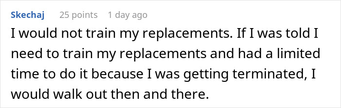 Reddit comment discussing not training replacements due to being terminated.