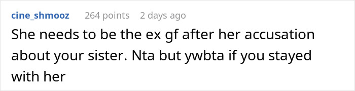Comment suggesting the girlfriend should be an ex due to accusations about the sister, discussing a relationship conflict.