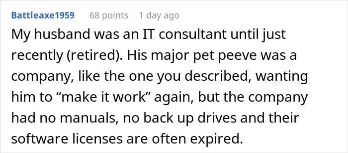 Text post about IT consultant frustration with software management issues.