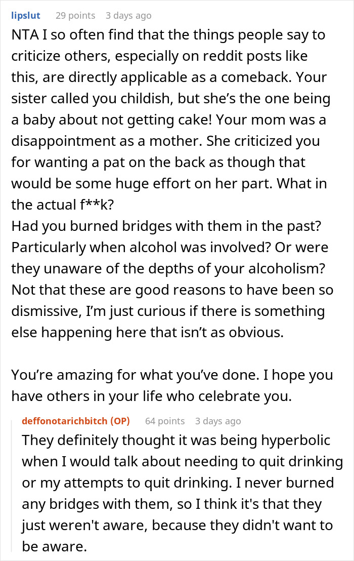 User expresses frustration about family ignoring sobriety milestone on social media post. User expresses frustration about family ignoring sobriety milestone on social media post.