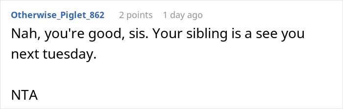 Reddit comment about family disagreements over babysitting duties. Reddit comment about family disagreements over babysitting duties.