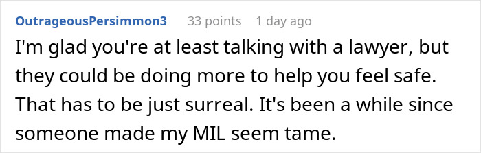 Comment about couple seeking legal help against MIL's extreme behavior.