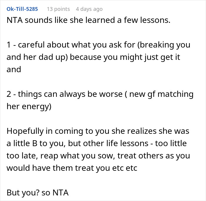 Reddit comment discussing lessons from a teen's conflict with dad's new and ex-girlfriend.