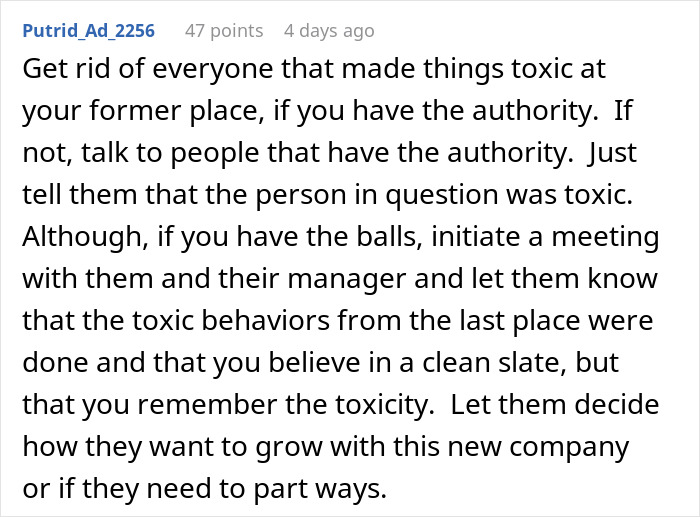 Online comment discussing toxic workplace behavior and management strategies.