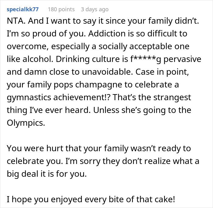 Text expressing support for a woman's sobriety milestone, discussing lack of family support. Text expressing support for a woman's sobriety milestone, discussing lack of family support.