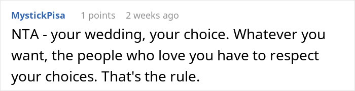 Comment supporting choice about who walks you down the aisle at your wedding.