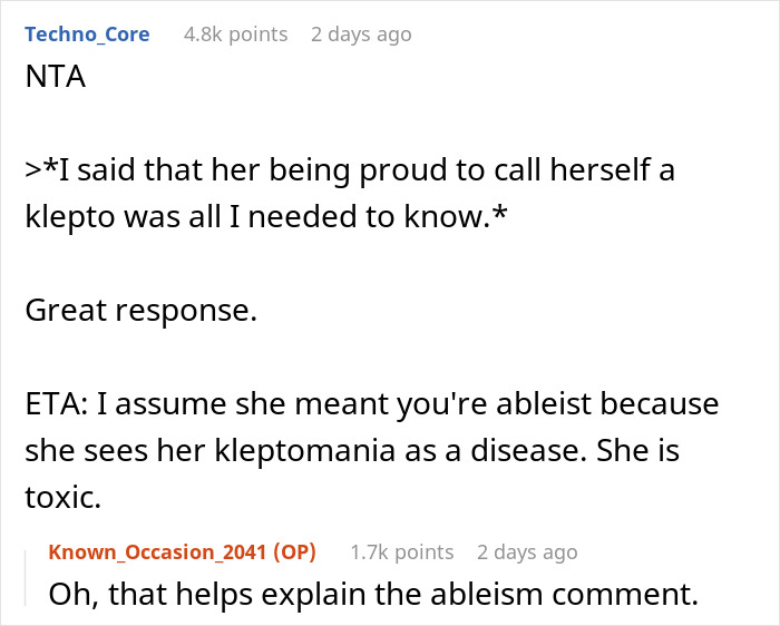 Reddit comment discussing kleptomaniac being labeled as ableist and mean girl for refusing entry into her home. Reddit comment discussing kleptomaniac being labeled as ableist and mean girl for refusing entry into her home.